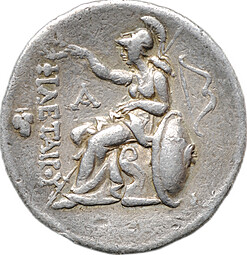 Монета Тетрадрахма 255 - 241 до н.э. Эвмен I (Атталиды) Афина на троне, щит справа Пергамское царство