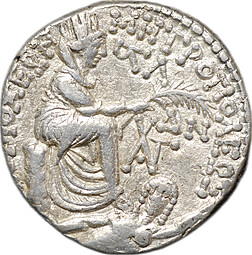 Монета Тетрадрахма 6 года Август Тихе и Оронт Сирия