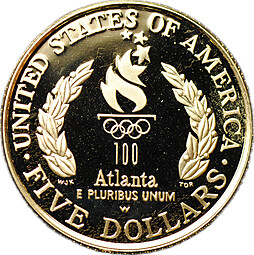Монета 5 долларов 1996 W Олимпиада Атланта Флагоносец PROOF США