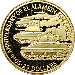 Монета 25 долларов 1992 50 лет битве при Эль-Аламейне Вторая мировая война Белиз
