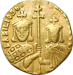 Монета Солид 868-879 Василий I Македонянин и Константин I Христос Пантократор Константинополь Византия
