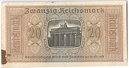 Банкнота 20 рейхсмарок (марок) 1939-1945 для оккупированных территорий Германия Третий Рейх
