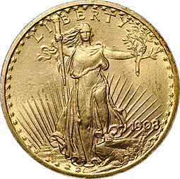Монета 20 долларов 1908 Филадельфия без девиза США