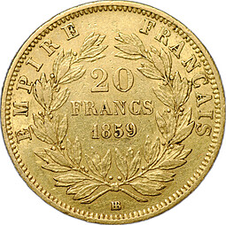 Монета 20 франков 1859 BB Франция