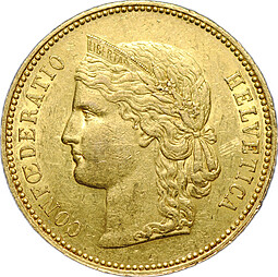 Монета 20 франков 1889 B Швейцария