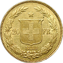 Монета 20 франков 1889 B Швейцария
