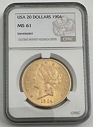 Монета 20 долларов 1904 Филадельфия США слаб CPRC MS 61