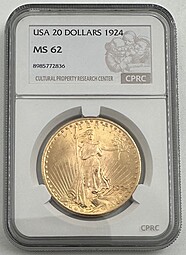 Монета 20 долларов 1924 Филадельфия США слаб CPRC MS 62