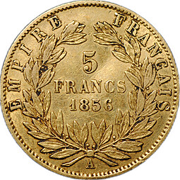 Монета 5 франков 1856 А золото Франция