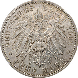 Монета 5 марок 1904 E Саксония Германия