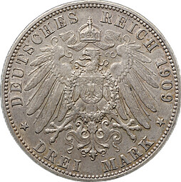 Монета 3 марки 1909 F Вюртемберг Германия