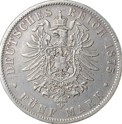 Монета 5 марок 1875 F Вюртемберг Германия