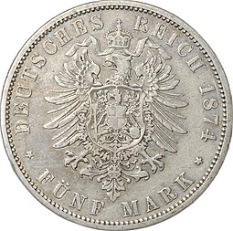 Монета 5 марок 1874 А Пруссия Германия