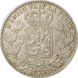 Монета 5 франков 1873 Бельгия