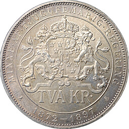 Монета 2 кроны 1897 25 лет правления Короля Оскара II Швеция