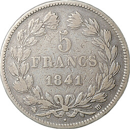 Монета 5 франков 1841 BB Страсбург Франция