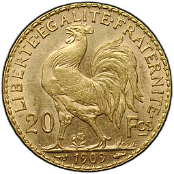 Монета 20 франков 1909 Франция