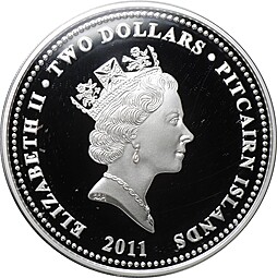 Монета 2 доллара 2011 Год кролика Острова Питкэрн