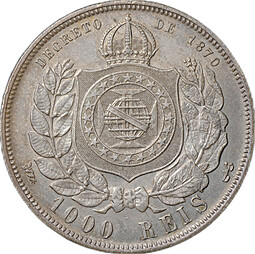 Монета 1000 реалов (рейс) 1876 Бразилия