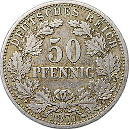 Монета 50 пфеннигов 1877 F - Штутгарт, Венок на аверсе Германия