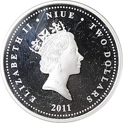 Монета 2 доллара 2011 Сверхзвуковые самолеты Конкорд Ниуэ