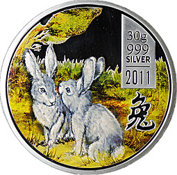 Монета 5 долларов 2011 Китайский гороскоп - год кролика Острова Кука