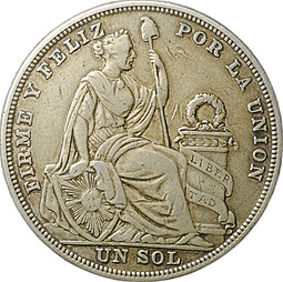 Монета 1 соль 1923 проба Перу