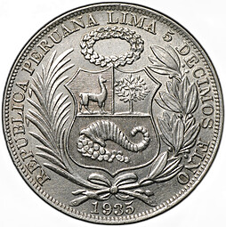 Монета 1 соль 1935 Перу