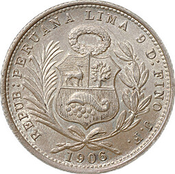 Монета 1/5 соль 1906 Перу