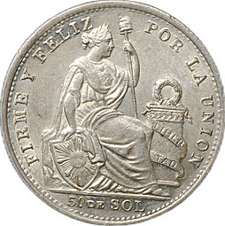 Монета 1/5 соль 1906 Перу