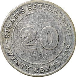 Монета 20 центов 1919 Стрейтс Сетлментс