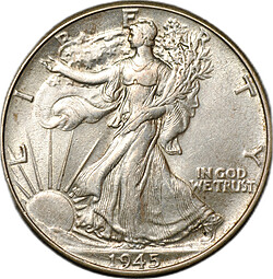 Монета 1/2 доллара 1945 Филадельфия США