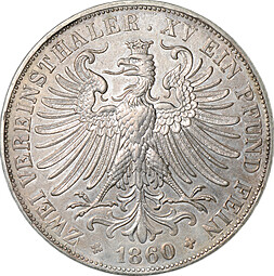 Монета 2 союзных талера 1860 Франкфурт