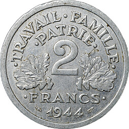 Монета 2 франка 1944 REPUBLIQUE FRANÇAISE Франция
