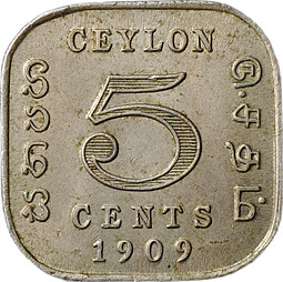 Монета 5 центов 1909 Цейлон