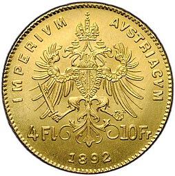 Монета 4 флорина - 10 франков 1892 рестрайк Австрия