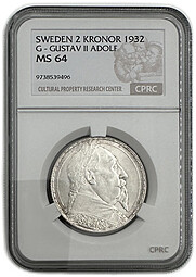 Монета 2 кроны 1932 300 лет со дня смерти Густава II Адольфа Швеция слаб CPRC MS 64
