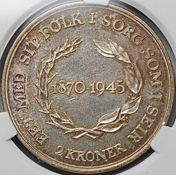 Монета 2 кроны 1945 75 лет со дня рождения Короля Кристиана X Дания слаб CPRC MS 65