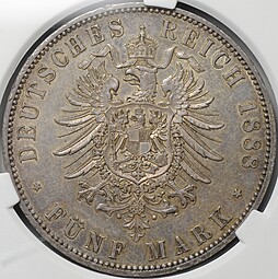 Монета 5 марок 1888 А Фридрих III Пруссия Германия слаб CPRC AU 55