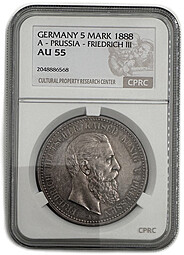 Монета 5 марок 1888 А Фридрих III Пруссия Германия слаб CPRC AU 55