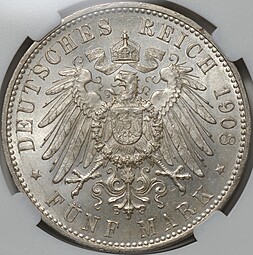 Монета 5 марок 1908 F Вюртемберг Германия слаб ННР MS 63