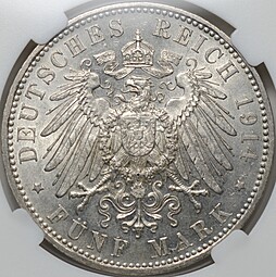 Монета 5 марок 1914 D Людвиг III Бавария Германия слаб ННР MS 63