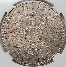 Монета 5 марок 1904 Шаумбург-Липпе Германия слаб ННР MS 64