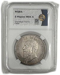 Монета 5 марок 1904 Шаумбург-Липпе Германия слаб ННР MS 64