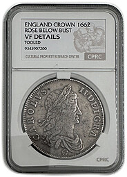 Монета 1 крона 1662 Роза, дата на гурте Англия слаб CPRC VF Det.