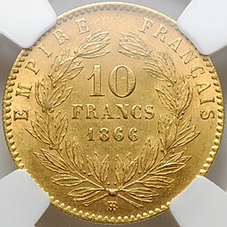 Монета 10 франков 1866 BB Страсбург Франция слаб ННР MS 63