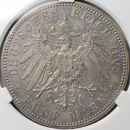 Монета 5 марок 1903 50 лет правлению Эрнста I Саксен-Альтенбург Германия слаб CPRC PF Det.