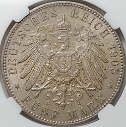 Монета 5 марок 1906 Бремен Германия слаб ННР MS 62