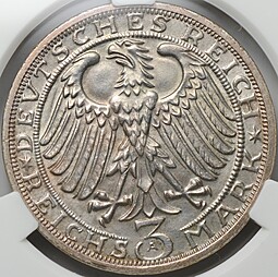 Монета 3 рейхсмарки (марки) 1928 900 лет Наумбургу Германия слаб CPRC MS 65