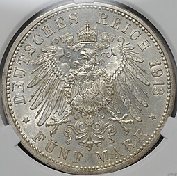 Монета 5 марок 1913 Баден Германия слаб CPRC MS 62